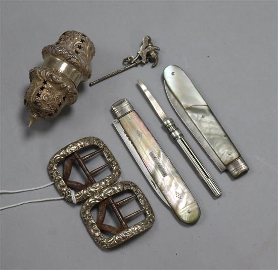 A pair of William IV silver and steel buckles, 2 silver bladed folding fruit knives and three other items